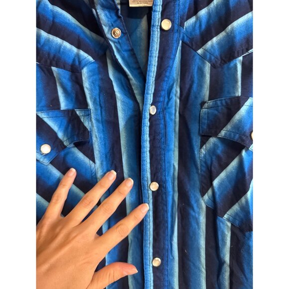 Vintage Express Rider Western Striped Button-Up Shirt Blue/Navy Long Sleeve 100% - Picture 2 of 6